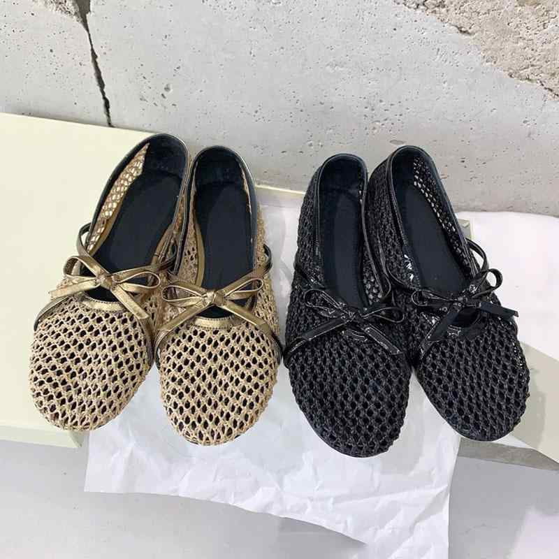 レディース パンプス ローヒール リボン 夏 通気性 ニット メッシュ ラウンドトゥ フラット バレエシューズ ミュール サンダル カジュアル おしゃれ 普段使い 黒 ゴールド