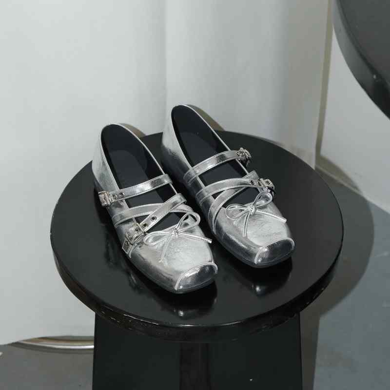 レディース パンプス ローヒール レザー リボン レトロ 浅履き フラット バレエシューズ スクエアトゥ シンプル おしゃれ お出かけ シルバー 赤 黒