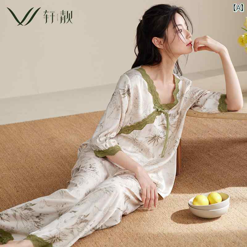 Pajamas - パジャマ レディース おしゃれ 快適 夏 七分袖 長袖 長ズボン 半袖 仮 サテン風 涼しい 中華風 上下セット ルームウェア