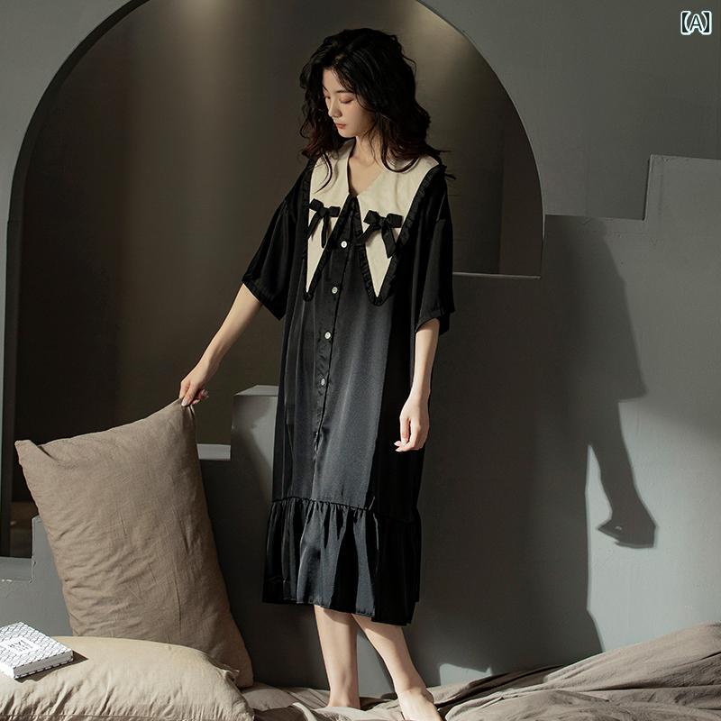 ネグリジェ レディース おしゃれ 快適 夏 涼しい 半袖 薄手 ミディ丈 ルームウェア ゆったり 大きいサイズ 前開き リボン 可愛い