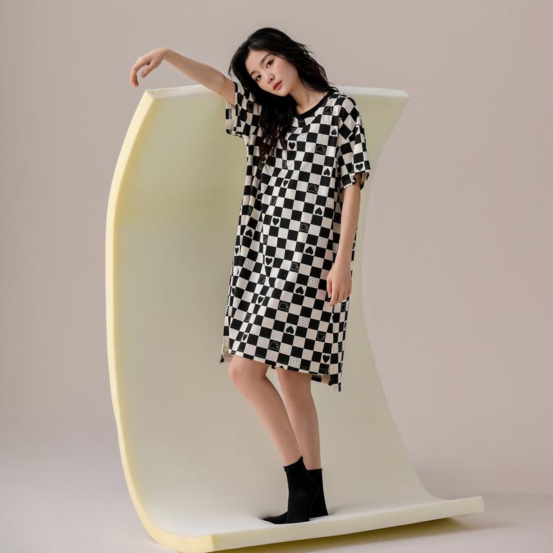 ワンピース レディース おしゃれ 快適 半袖 夏 薄手 モダール チェック柄 ルームウェア 防凸点 家着