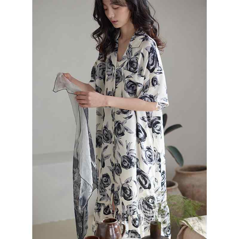 ルームウェア レディース おしゃれ 快適 夏 半袖 薄手 ミディ丈 水墨 ばら柄 胸パッド 涼しい 花柄 ナイトガウン