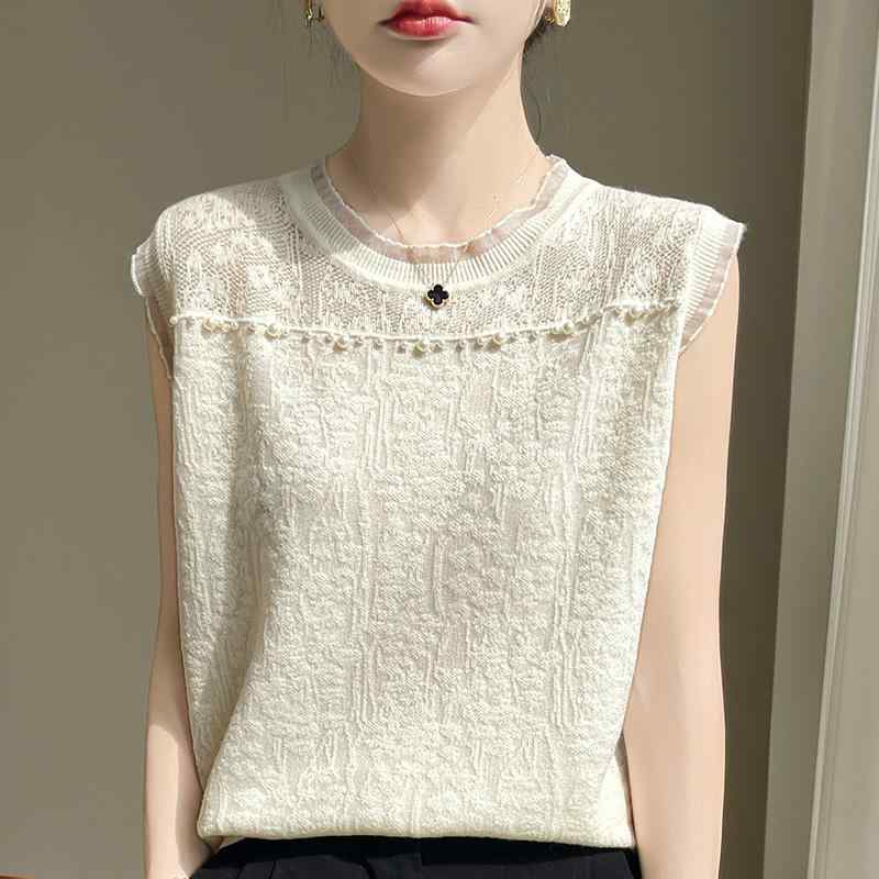 ニットベスト レディース おしゃれ 大人 きれいめ トップス ノースリーブ 幅広ショルダー 花柄 襟 ウール カジュアル 透かし編み 上品