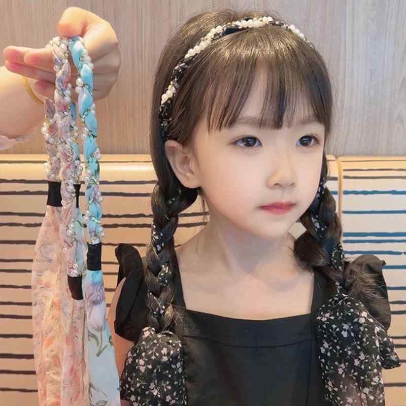 カチューシャ リボン 子供 女の子 大人 韓国 ロング スカーフ 布 パール チェーン 編み込み ヘアアクセ..