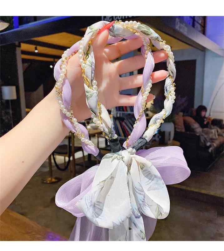 カチューシャ リボン 子供 ベビー 女の子 親子 ロング メッシュ パール 編み込み 通気 ヘアアクセサリー 発表会 パーティー プリンセス かわいい 無地 花柄 グレー 青 ピンク