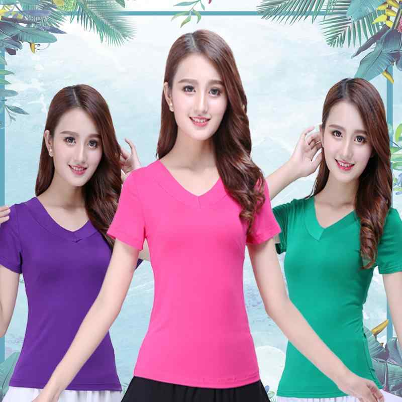 Tシャツ レディース おしゃれ Vネック モダール 半袖 ダンス 練習着 社交ダンス シンプル 踊り着