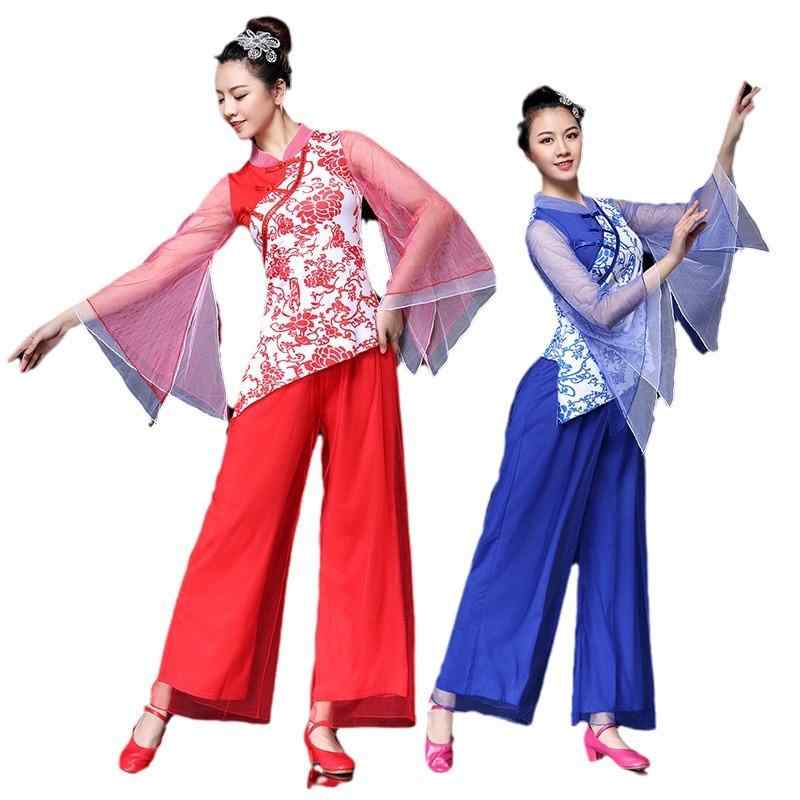 セットアップ レディース おしゃれ 上下 秋冬 網袖 スカート パンツ 青花柄 中国風 民族風 舞台衣装 演出用