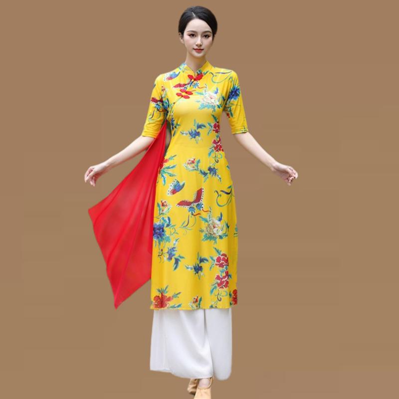 ダンス 衣装 レディース おしゃれ 上下 チャイナ風 七分袖 花柄 レトロ 舞台 中国風 イベント 発表会 セットアップ