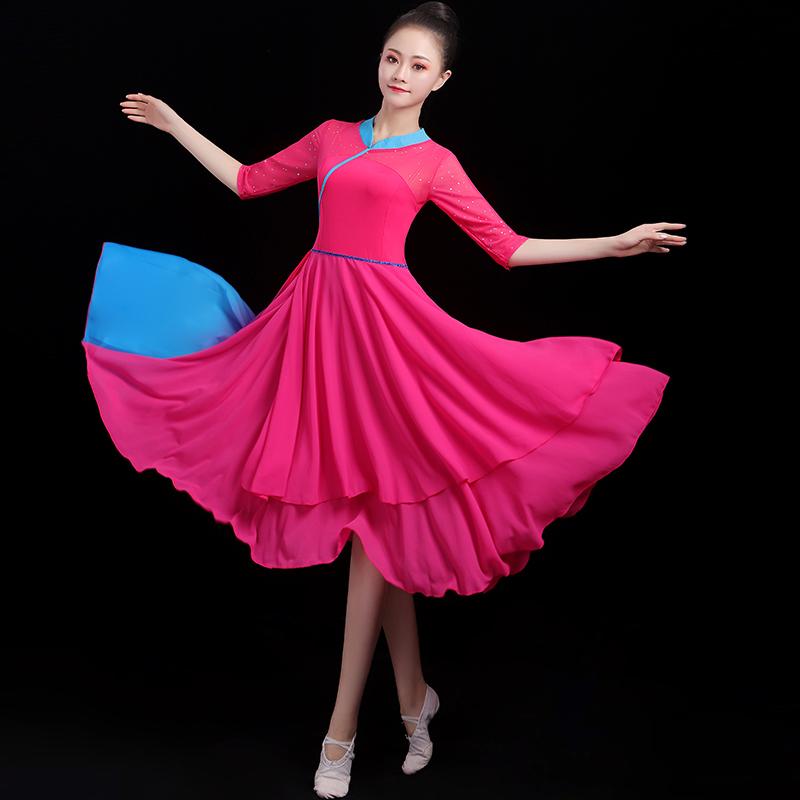 ダンス 衣装 レディース おしゃれ ミディ丈 長袖 エレガント 民族風 舞踊 発表会 レッド