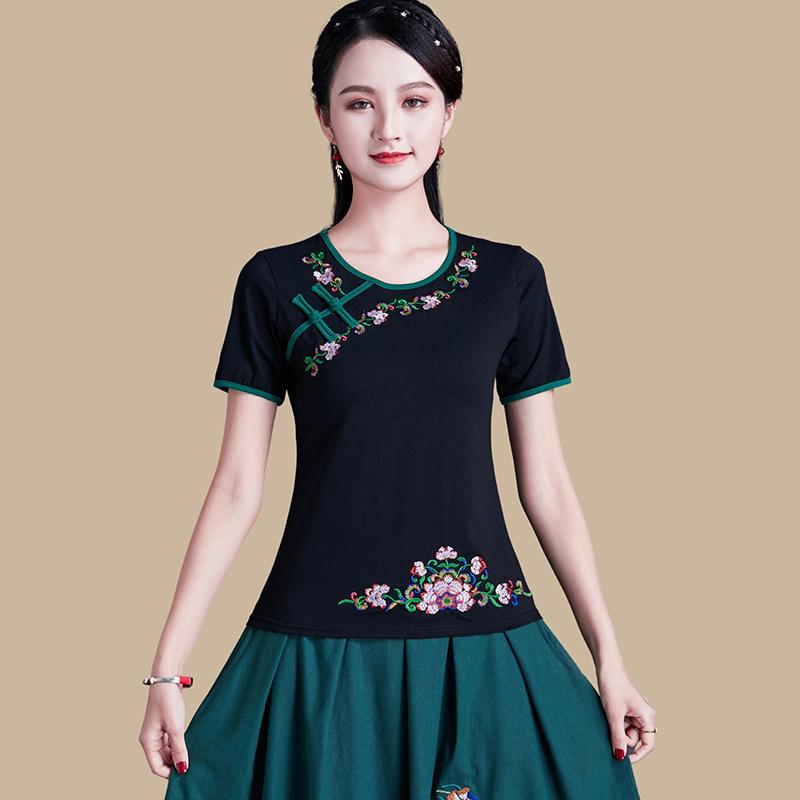 Tシャツ レディース おしゃれ 半袖 刺繍 花柄 中国風 民族風 スリム フィット ラウンドネック チャイナボタン 夏