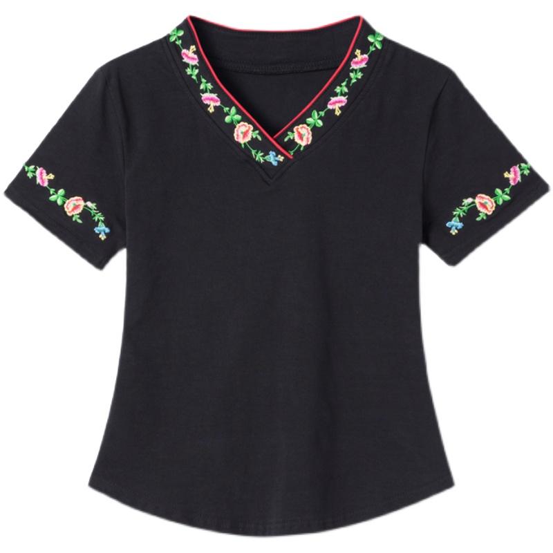Tシャツ レディース おしゃれ 半袖 夏 中国風 レトロ Vネック 刺繍 花柄 綿 大きいサイズ インナー