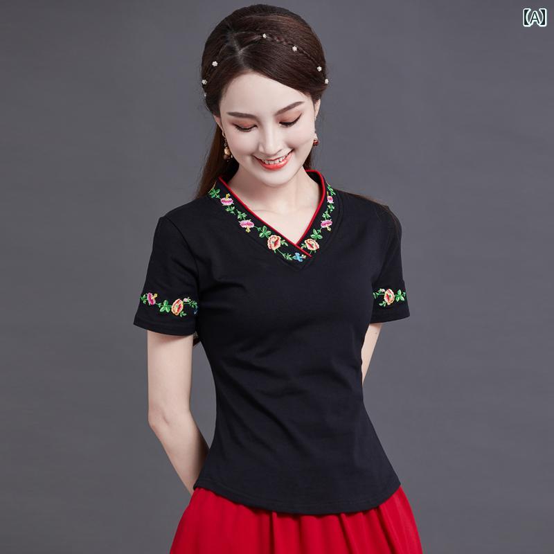 Tシャツ レディース おしゃれ 半袖 夏 中国風 レトロ Vネック 刺繍 花柄 綿 大きいサイズ インナー 2