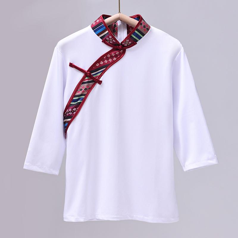 シャツ レディース おしゃれ 七分袖 民族風 襟元 春夏 踊り衣装 スリム シルエット