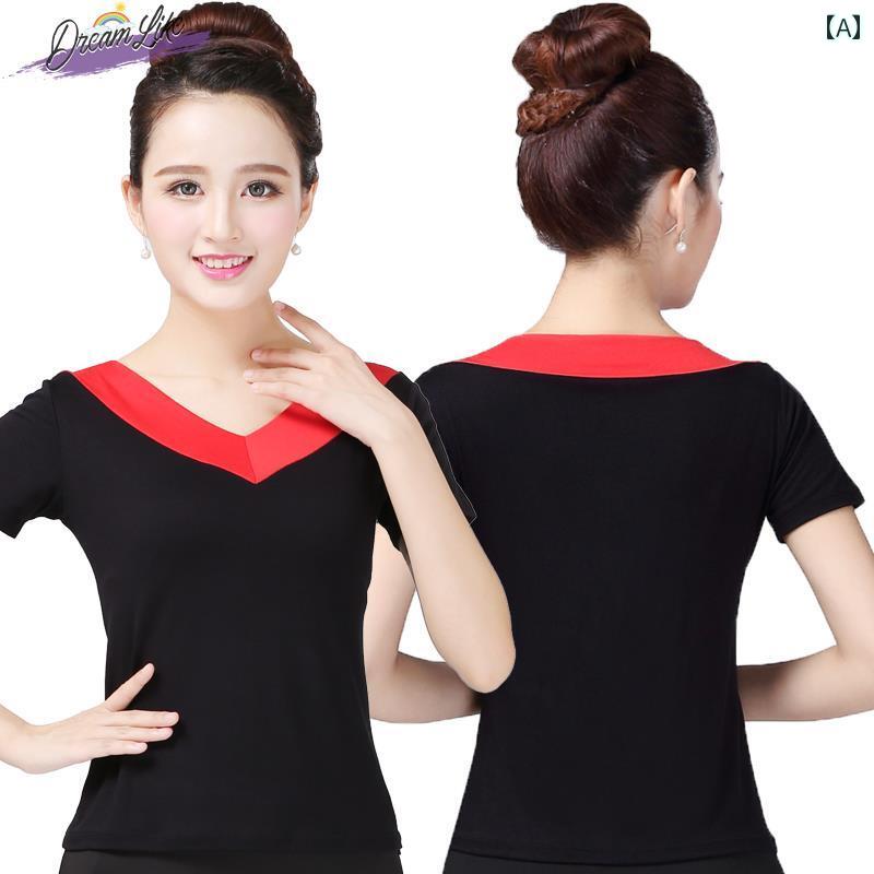 Tシャツ レディース おしゃれ ダンス Vネック 半袖 モダール 社交ダンス 夏 練習着 ストレッチ ゆったり 体型カバー ツートンカラー フィットダンス シンプル