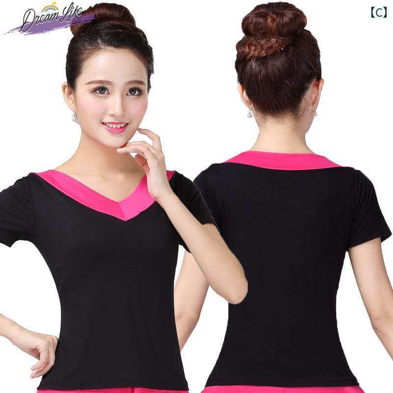 Tシャツ レディース おしゃれ ダンス Vネック 半袖 モダール 社交ダンス 夏 練習着 ストレッチ ゆったり 体型カバー ツートンカラー フィットダンス シンプル