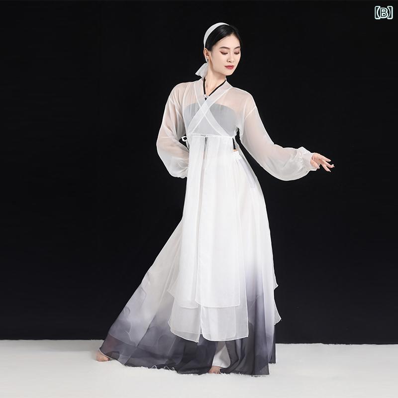 ダンス衣装 レディース おしゃれ 中国風 クラシック ジャズ 仙気 シフォン 軽やか フェミニン 扇子舞 練習用 練功服 舞台衣装 長袖 ゆったり 3