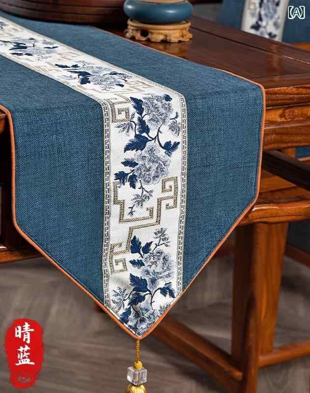 Table Runners - テーブルランナー 中国風 タッセル 刺繍 防水 センタークロス 装飾 デコレーション 食卓 キャビネット サイドボード インテリア エレガント おしゃれ 青 赤 茶 花柄