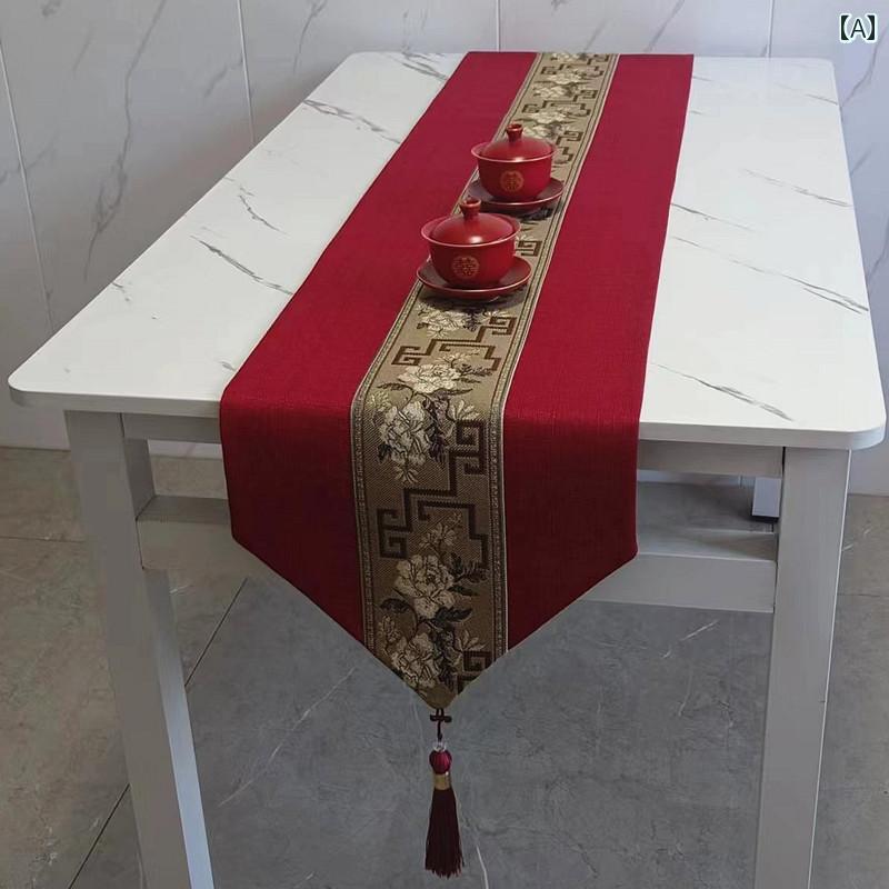 テーブルランナー 中国風 センタークロス タッセル 防水 装飾 デコレーション ローテーブル サイドボード キャビネット リビング ダイニング シンプル おしゃれ エレガント 赤 青 鯉 鶴 波模様