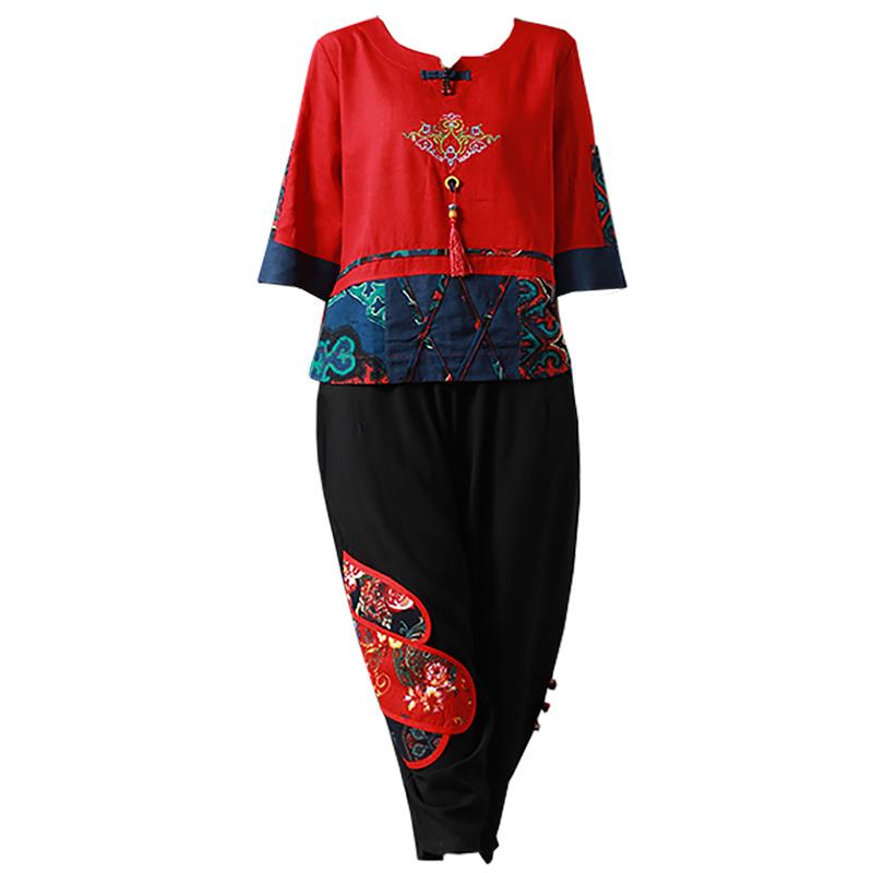 セットアップ レディース おしゃれ 上下 夏 綿麻 刺繍 民族風 半袖 Tシャツ ゆったり パンツ 体型カバー 涼しい 通気性