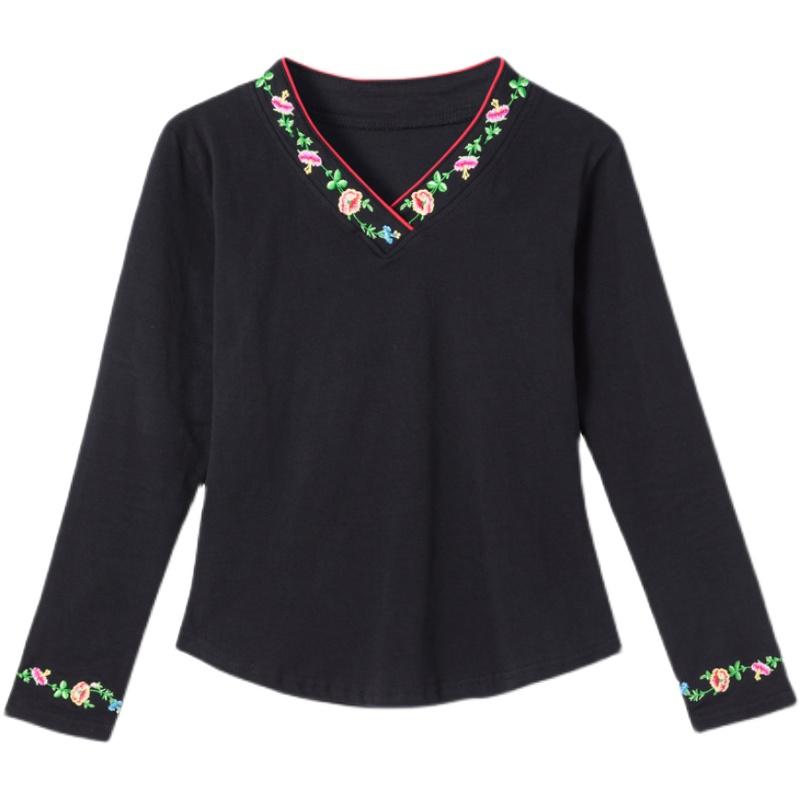 Tシャツ レディース おしゃれ 春秋 長袖 Vネック 刺繍 中国風 民族風 綿 ダンス衣装