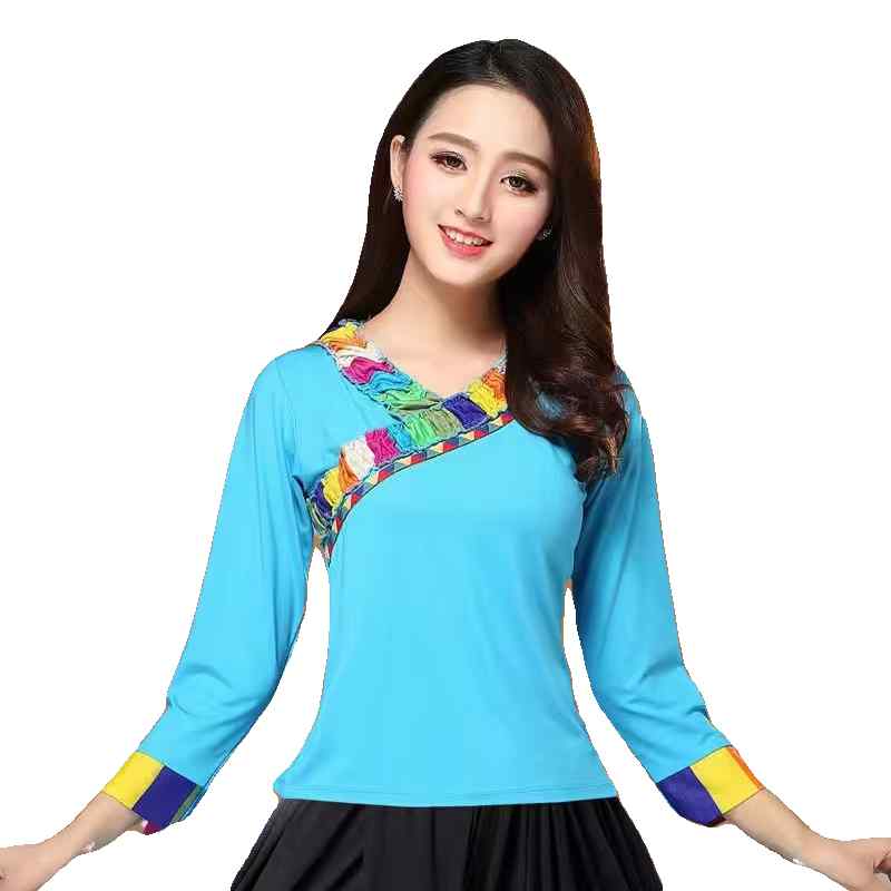 ブラウス レディース おしゃれ ミドルエイジ ダンス衣装 Vネック 七分袖 民族風 牛乳 カラフル装飾