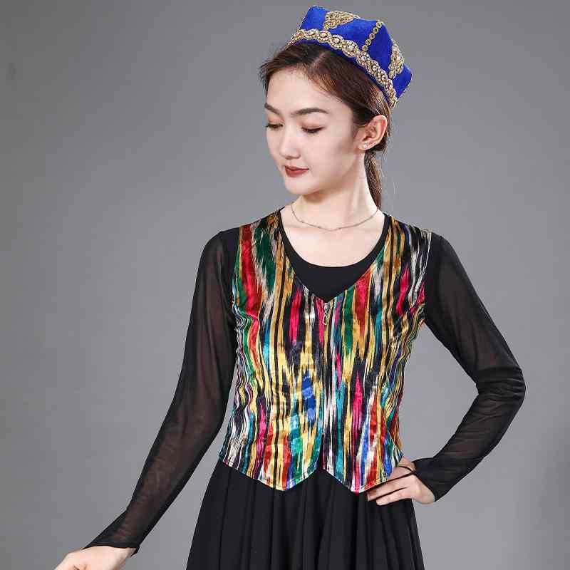 ベスト レディース おしゃれ 民族 舞踊 艾徳萊斯柄 カラフル ダンス衣装 大人 ウイグル 民族舞 パフォーマンス用 ステージ衣装