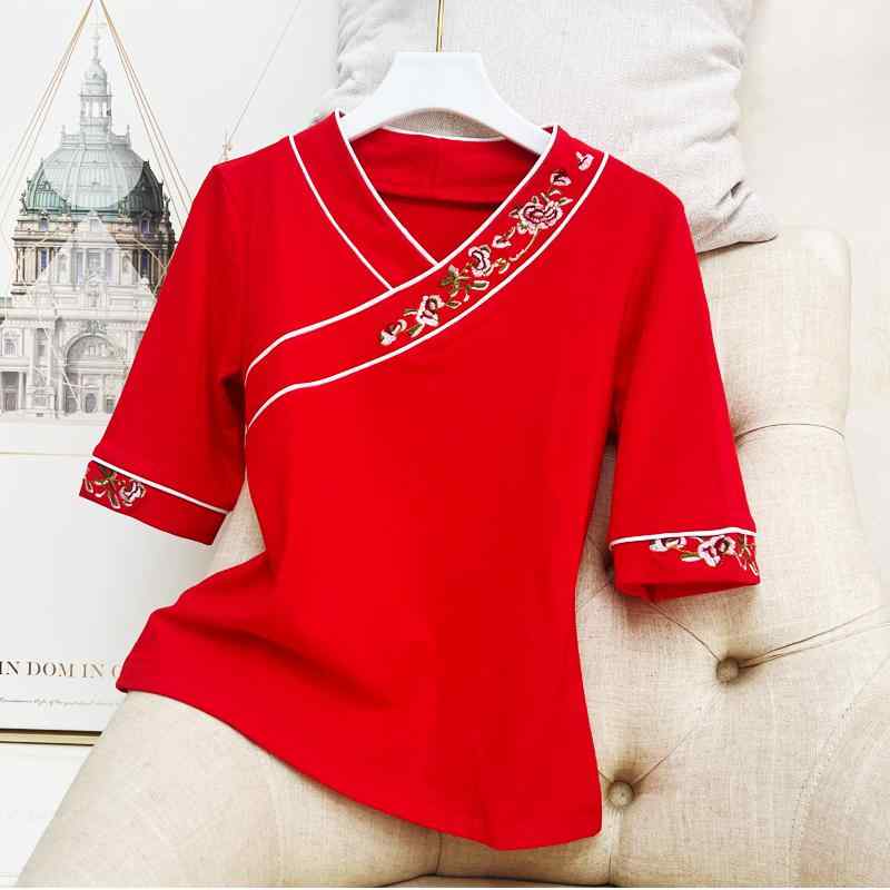 Tシャツ レディース おしゃれ ブラック 半袖 中国風 民族風 刺繍 5分袖 舞台衣装 演出 演奏会 ステージ衣装