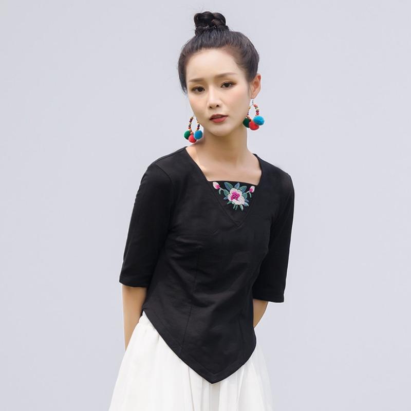 Tシャツ レディース おしゃれ 綿 Vネック 不規則裾 5分袖 刺繍 花柄 中国風 エスニック