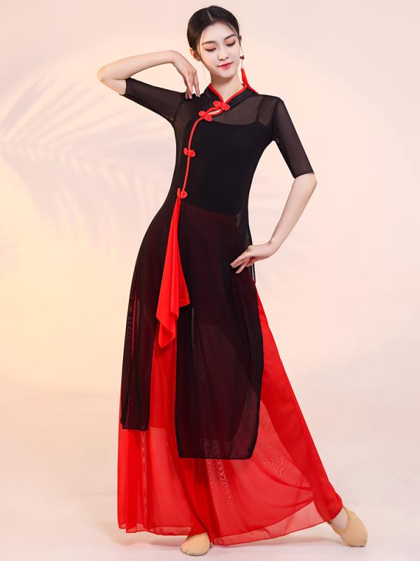 ダンス衣装 レディース おしゃれ 中国風 民族風 チャイナ風 スタンドカラー 透け感 ストレッチ 着やせ 仙気 エレガント 舞台 衣装 長袖 伝統 パフォーマンス