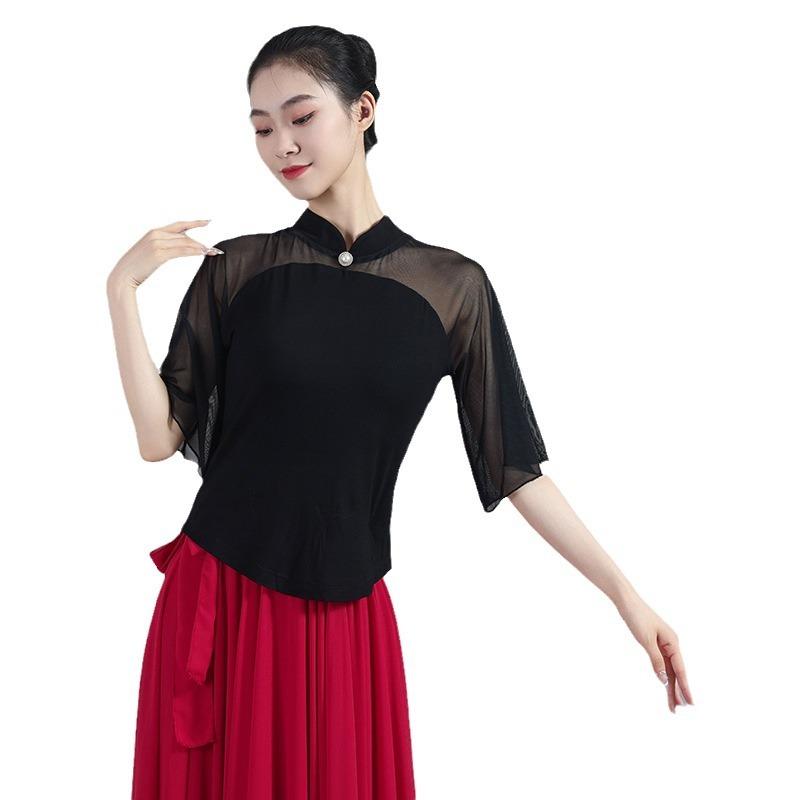 ダンストップス レディース おしゃれ チャイナ風 シースルー 七分袖 フィット 練習用 舞台衣装 民族舞 ..