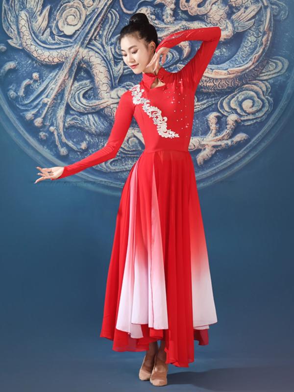 ダンス 衣装 レディース おしゃれ 赤 レトロ 舞台 扇子舞 パフォーマンス 長袖 ロング丈 開場舞 パフォ..