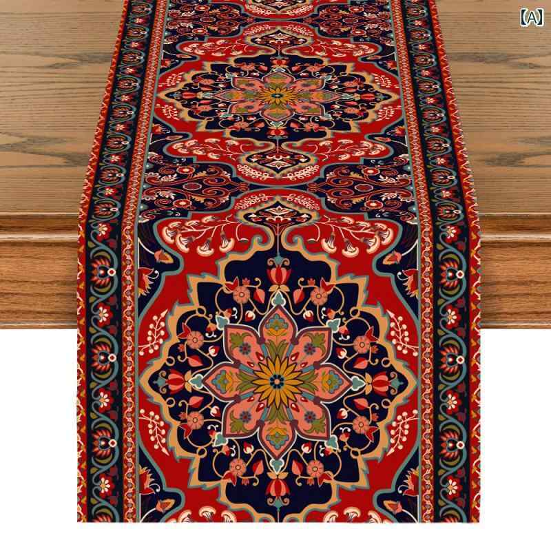 テーブルランナー おしゃれ リネン キッチン ダイニング 中東 模様 花柄 レストラン パーティー デコレーション インテリア 普段使い 食事 緑 赤