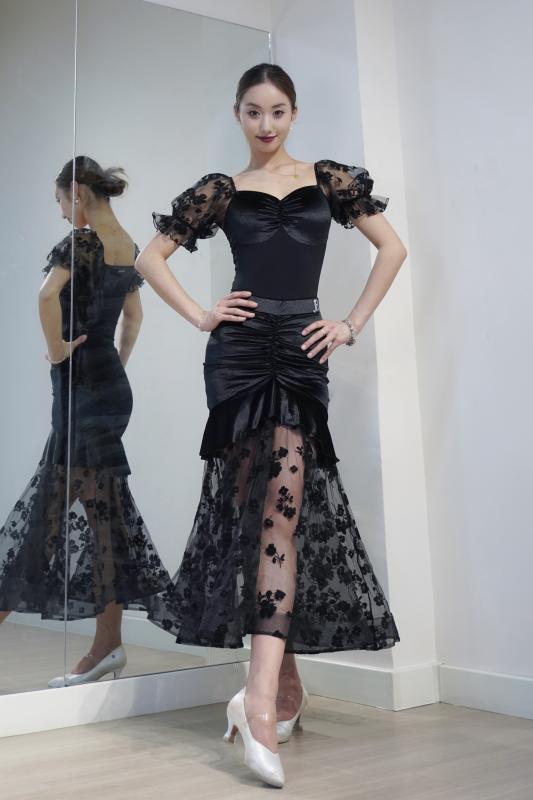 ダンス 衣装 マーメイドスカート レディース おしゃれ フィッシュテール メッシュ切替 花柄シースルー フレア 大きめ裾 ステージ 社交 ブラック