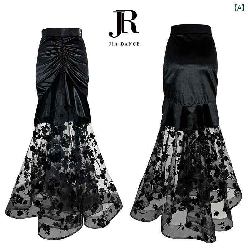 ダンス 衣装 マーメイドスカート レディース おしゃれ フィッシュテール メッシュ切替 花柄シースルー フレア 大きめ裾 ステージ 社交 ブラック