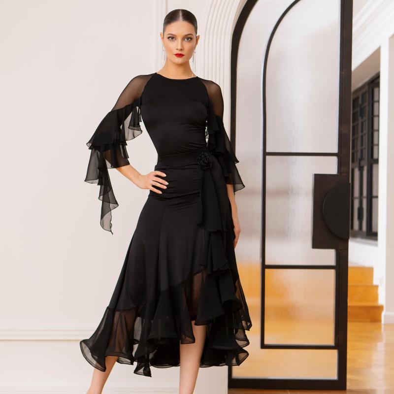 ダンス 衣装 カート レディース おしゃれ モダン 舞踏 練習 ロング丈 フレア フリルスリーブ ブラック ..