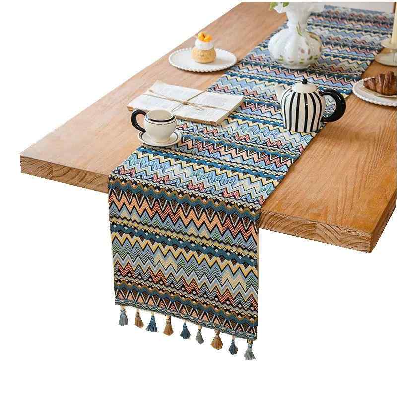 テーブルランナー おしゃれ ボヘミアン 民族風 綿 麻 タッセル 装飾 キャビネット クロス 布 インテリア 普段使い パーティー 食事 模様 カラフル 緑 青 オレンジ