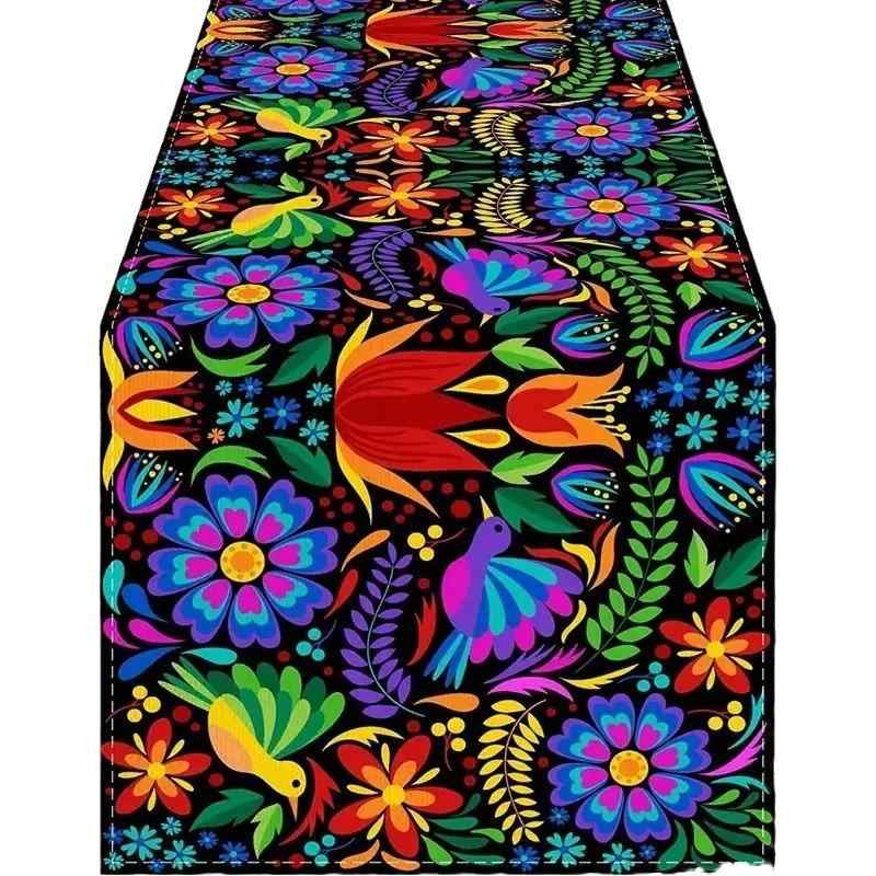 テーブルランナー おしゃれ メキシコ カーニバル リネン プリント 花柄 スカル 骸骨 ダイニング お祭り 装飾 クロス 布 インテリア デコレーション レストラン 普段使い パーティー 食事 カラフル 黒