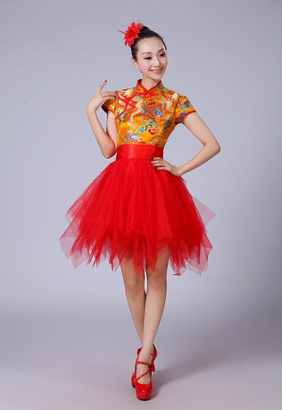 ダンス 衣装 レディース おしゃれ 中国風 モダン 赤 チュール ステージ パフスリーブ かわいい 派手 舞台 ふんわり スカート 半袖 イベント 発表会 演奏会