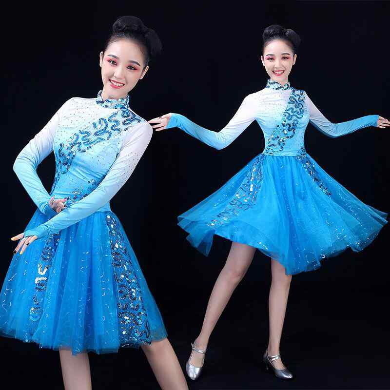 ダンス 衣装 レディース おしゃれ 長袖 スタンドカラー 演出 合唱 競技 舞台 モダン スカート パフォーマンス 発表会 ラインストーン 青 排舞 ショート丈