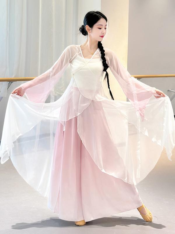 ダンス 衣装 レディース おしゃれ 中国風 レトロ舞蹈 演出用 練習 フィッシュテール スカート フレア ドレス グラデーション 透け感 長袖 舞台