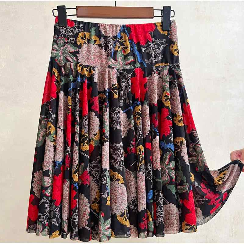 ダンス 衣装 スカート レディース おしゃれ 夏 花柄 フレア ミディアム丈 舞台 健康体操 シニア 여성