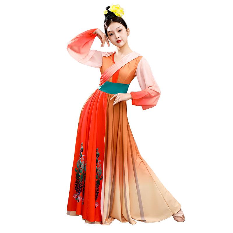 ダンス 衣装 レディース おしゃれ ロング丈 半袖 舞台 中国風 レトロ 演出服 桃 李 唐印 群舞 ステージ ひらひら 円首