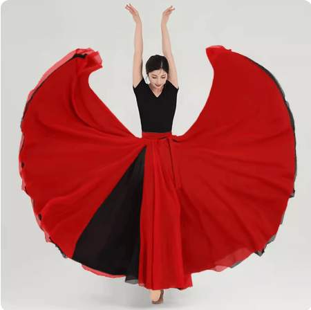 ダンス 衣装 スカート レトロ ダブルレイヤー サイドスリット リバーシブル ミモレ丈 ブラック ビッグフレア 720度 回転 モダン