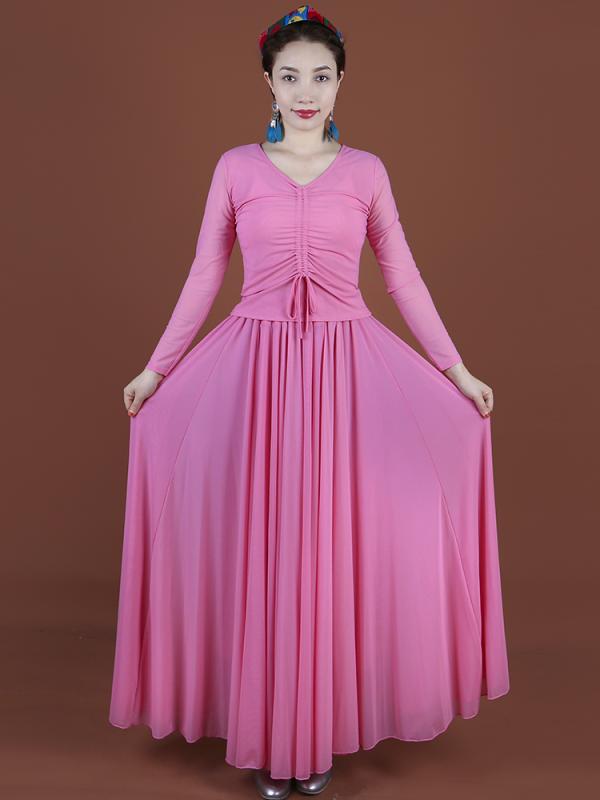 ダンス 衣装 レディース おしゃれ 赤 メッシュ 通気性 ロング丈 大きめ スカート フレア袖 ウイグル 民族 舞台 演出 2点セット