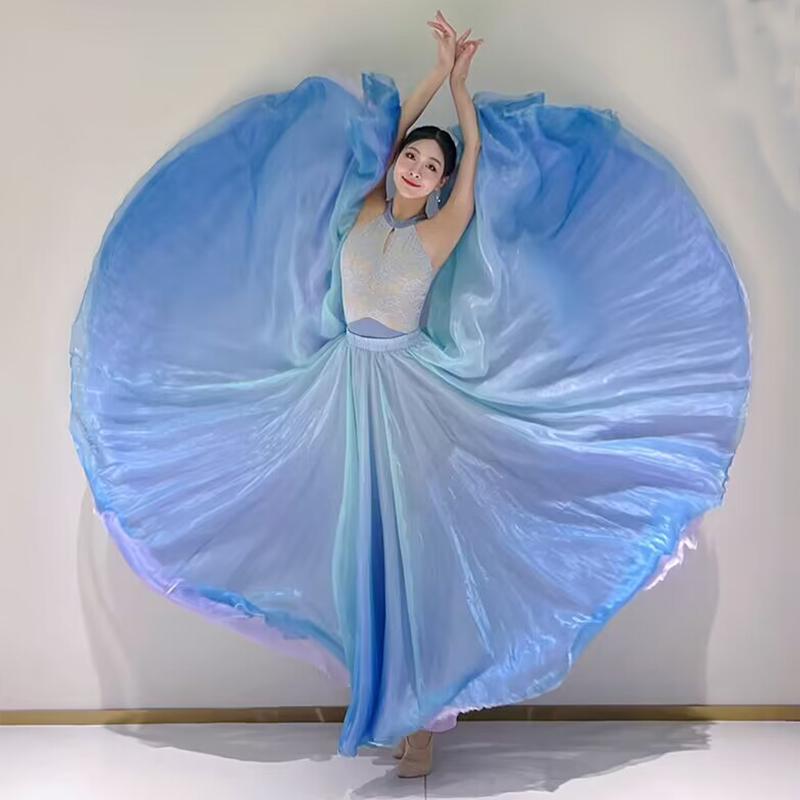 ダンス 衣装 カート レディース おしゃれ グラデーション フレア 720度 二重 ステージ クラシック 舞台 スカート 大きい裾 舞踊用