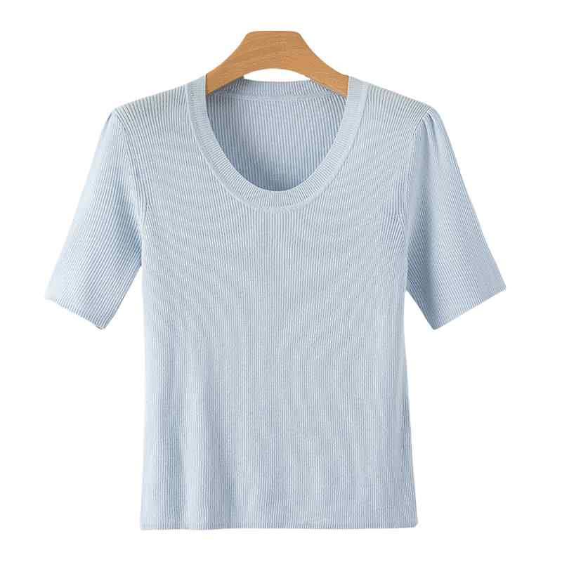 Tシャツ レディース おしゃれ 大人 きれいめ ブルー 半袖 シンプル 無地 ストレッチ ニット 涼しい 快適 夏