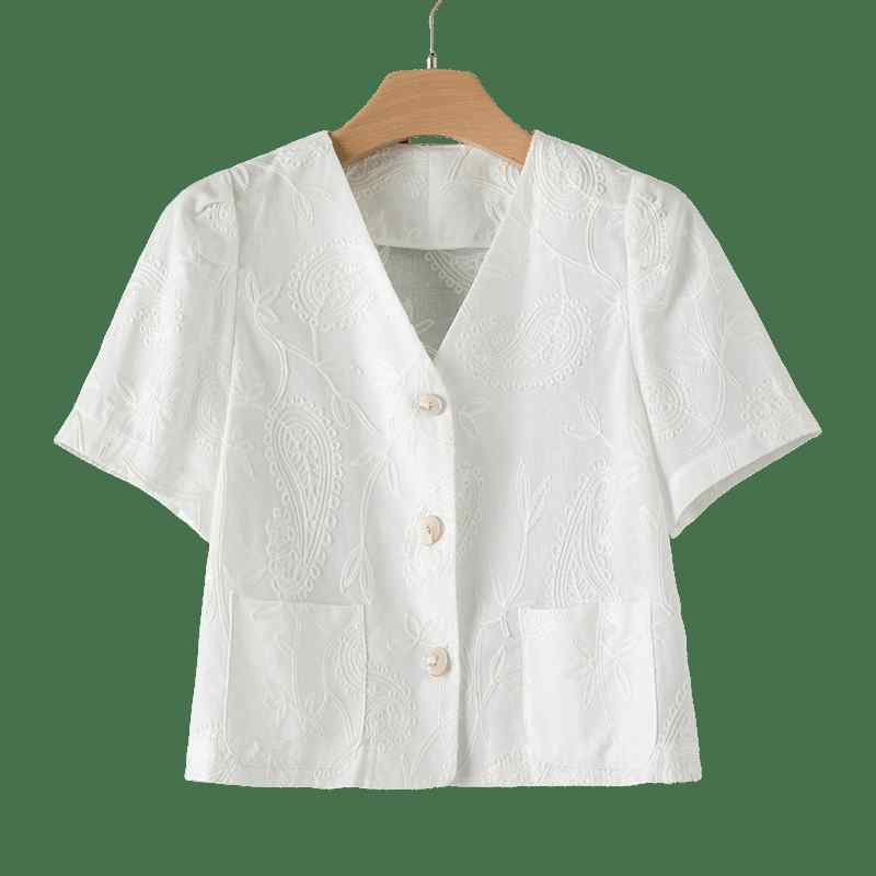 ジャケット レディース おしゃれ 大人 きれいめ 夏 ショート丈 半袖 綿麻 ホワイト 上品 小柄 フェミニン 韓国