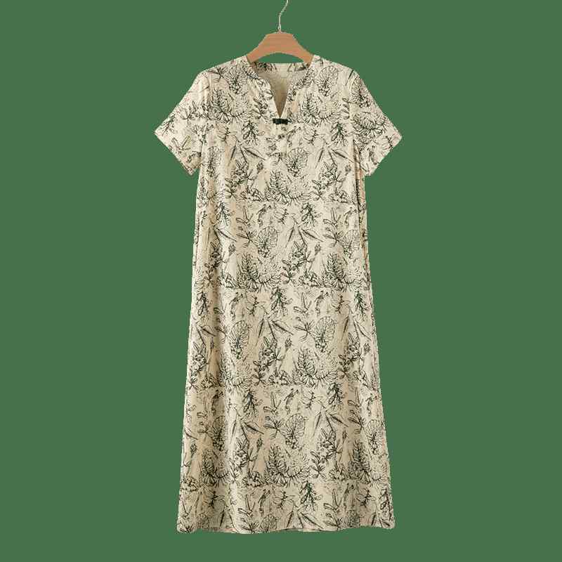 ワンピース レディース おしゃれ 大人 きれいめ 半袖 綿 花柄 ゆったり 中華風 夏 通気性 シンプル 上品 ナチュラル