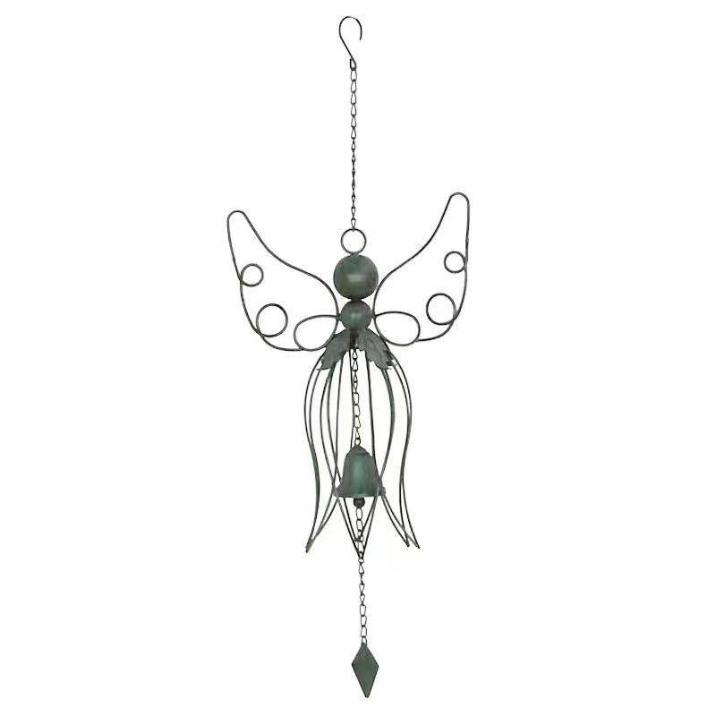 ガーデン オーナメント 吊り下げ 風鈴 ヨーロピアン アンティーク調 アイアン エンジェル 花 外壁 バルコニー 玄関 軒下 フック式 おしゃれ 緑 白