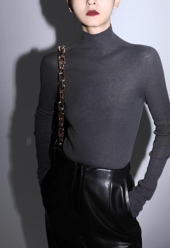 Turtleneck - ニット レディース おしゃれ グレー ウール 半タートルネック 長袖 タイト シンプル 秋冬 風 レイヤード